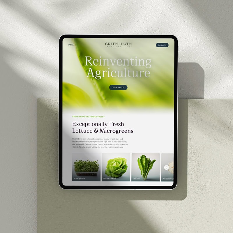 Website design example of a company in the agriculture industry showcasing lettuce and microgreens.