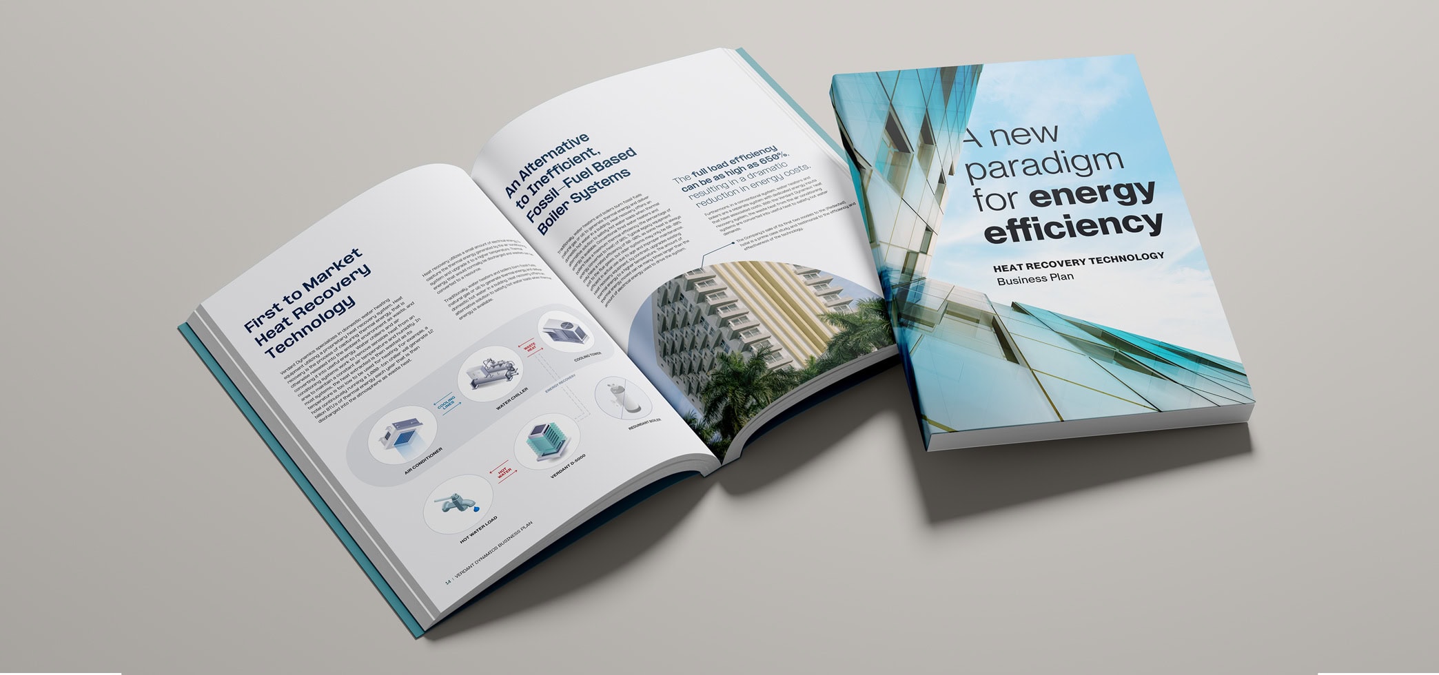 Example of a green technology HVAC business plan with cover and inner page graphic design